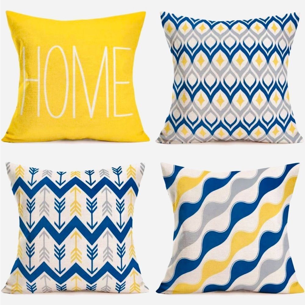 Geometric Set of 4 Throw Pillow Covers Blue Yellow Grey NEW